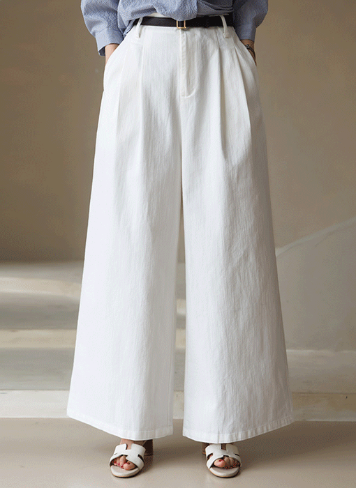 [Theonme] 모데인 백 밴딩 투 핀턱 와이드 스랍 면 팬츠