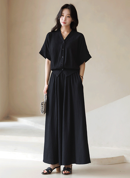 【２点セット】[THE ONME] ジャガードⅤネックトップス＆イージーワイドパンツ セットアップ SET44890