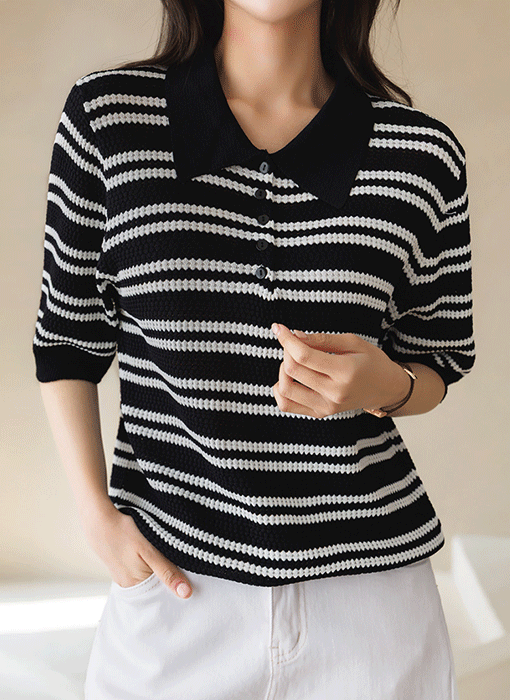 [Theonme] 루니드 비스코스 쟈가드 스트라이프 카라 5부 스카시 니트