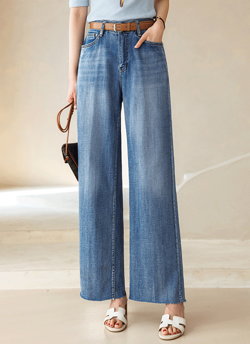 [Theonme] 클린블 히든밴딩 밑단 커팅 세미 와이드 스트레이트 데님 팬츠