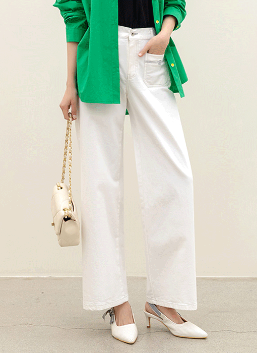 チェーン刺繍フロントポケットワイドコットンパンツ