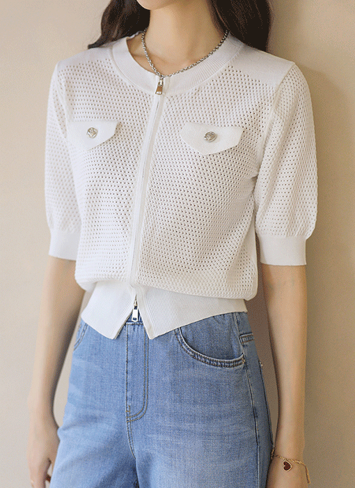 ダブルジップアップメッシュニットカーディガン cd45092