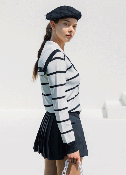 【QoG】[ゴルフウェア] セーラーカラーボーダーニットカーディガン cd18594