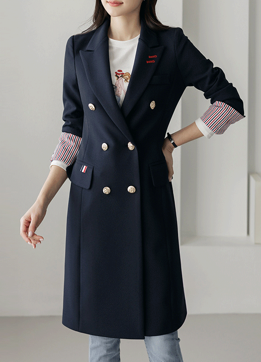 裏地ストライプ テーラードロングダブルジャケットjk32525