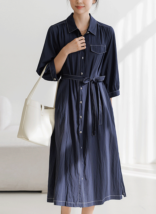 [THE ONME] クールタッチ配色ステッチ7分袖ウエストリボンロングワンピース op40149