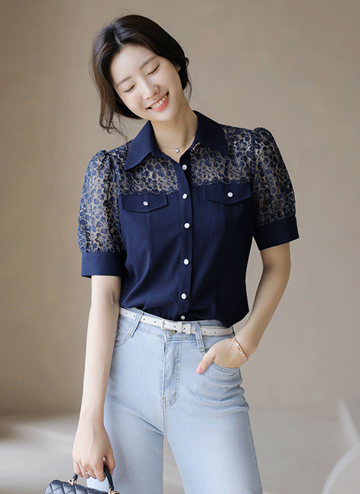 [LouisAngel] ラメフラワーレースドッキングブラウス bl40623