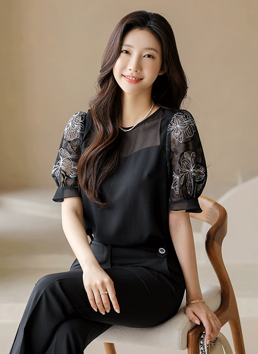 [LouisAngel] フラワー刺繡シアードッキングブラウス bl41154