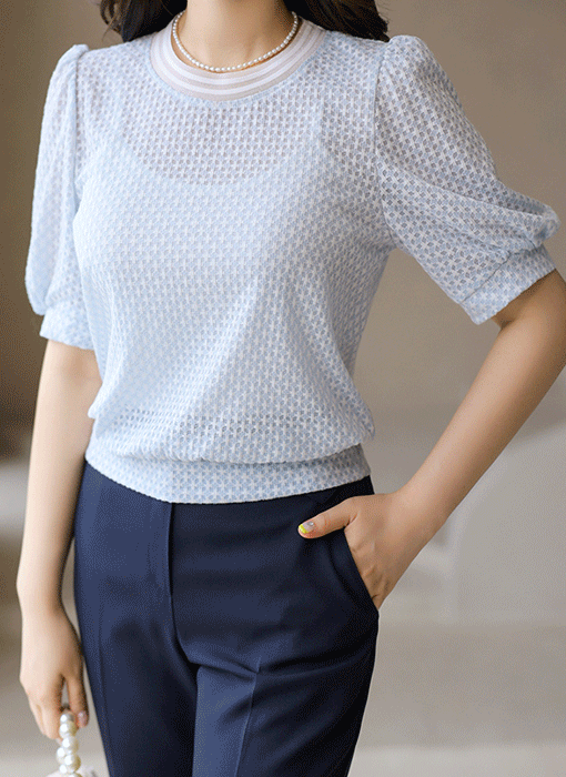 [LouisAngel] パフスリーブチェックジャガードプルオーバー bl41220