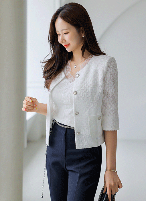 透かし編みジャガードレースノーカラージャケット jk41510