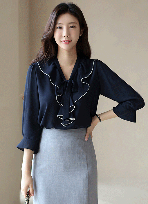 配色ステッチフリルリボンタイ7分袖ブラウス bl41549