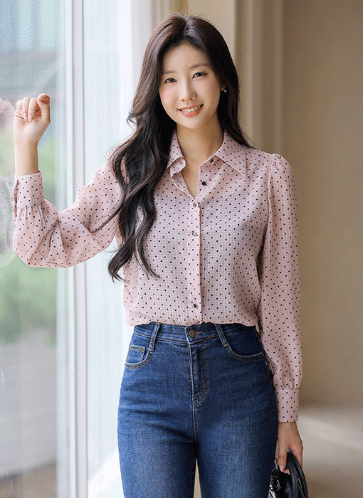 [LouisAngel] 2Way リボンタイ付きドット柄シフォンブラウス bl41794