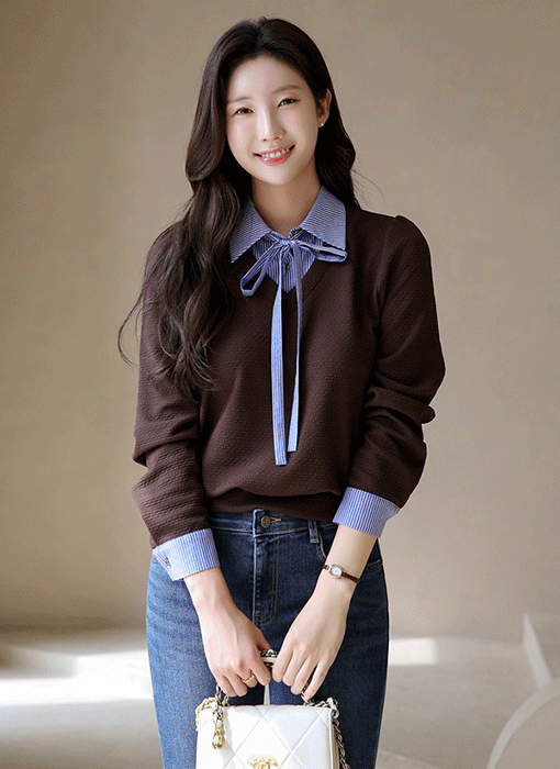 [LouisAngel] リボンタイストライプシャツドッキングふくれージャガードプルオーバー ts42004