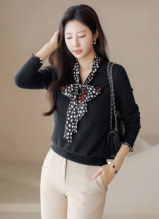 [LouisAngel] レオパードリボンタイ付きリブプルオーバー bl42142