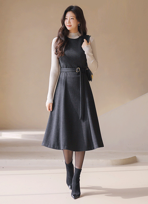 [LouisAngel] ピンストライプベルト付きフレアジャンパースカートop42766