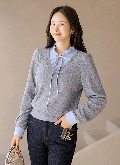 [LouisAngel] レイヤード風 フリルリボンタイドッキング プルオーバー ts43066