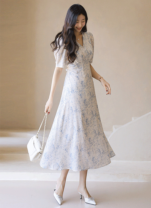 ハイウエストVネックフラワーロングワンピース op45104