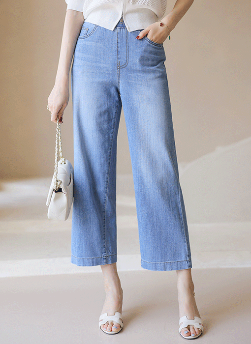 ウエストゴム クロップド丈ワイドデニムパンツ pt45107