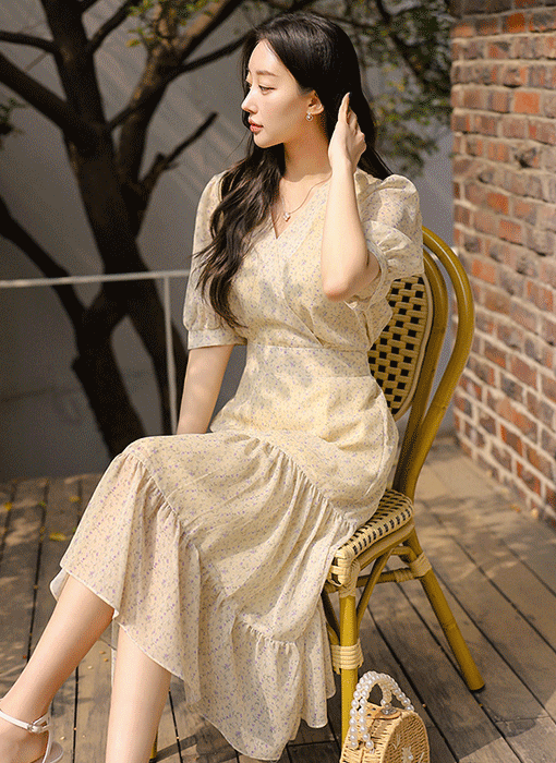 バックリボン フラワー ティアードロングワンピース45137