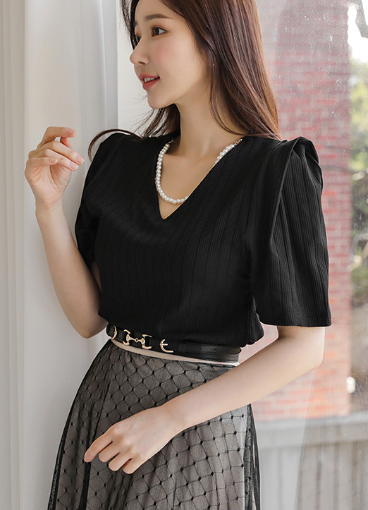 【 2WAY 】 取り外し可能パールネックレス付き パフスリーブ Vネックリブトップス ts14705