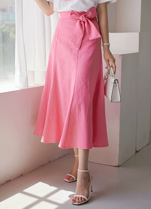 【4色展開】リネン100ウエストリボンマーメイドスカート sk26727