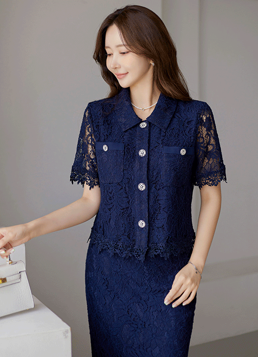 【セットアップ可能】シルバー釦フラワー刺繍レース半袖ジャケット jk27079