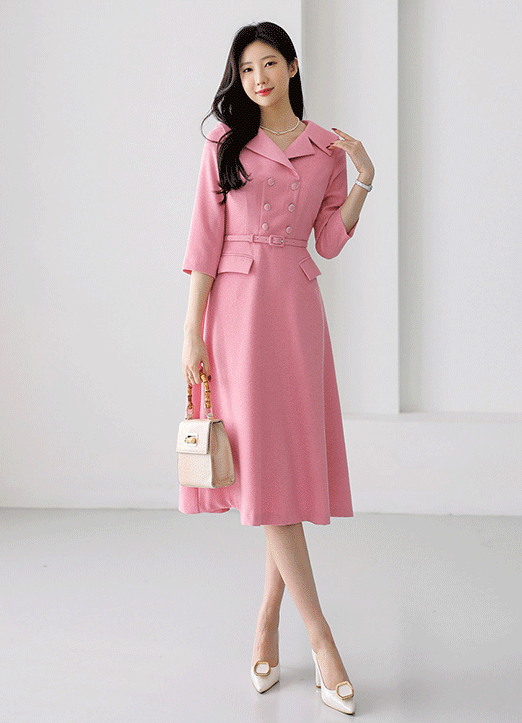 ベルトSETオープンカラーダブルボタンフレアワンピース op33599