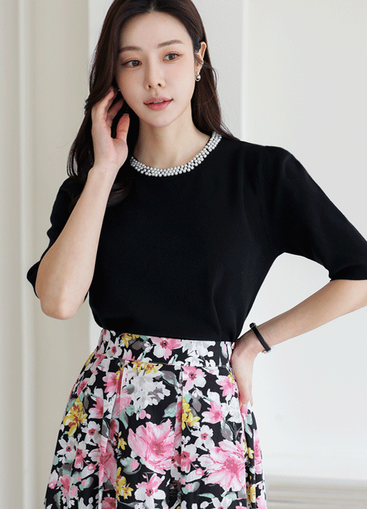 【6色展開】[THE ONME] パール付きラウンドネックパフスリーブ半袖ニットプルオーバー nt33605