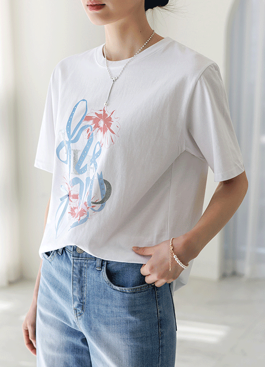 [THE ONME] ラインストーン付きフラワーリボンプリントTシャツ ts34151