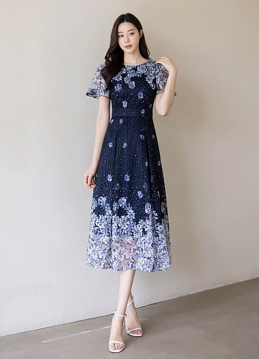 [LouisAngel] ツートン フラワーパンチングレース ロングワンピース op34445