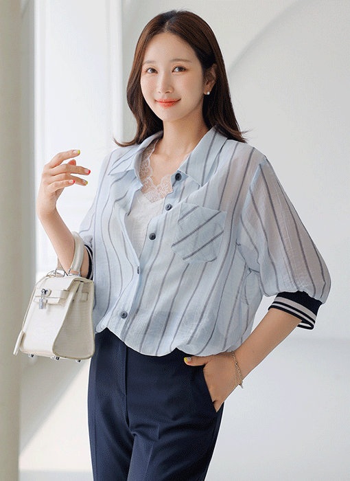 シースルーストライプ 7分袖シャツジャケットjk41507