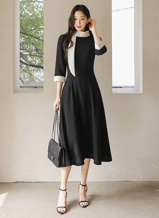 ベルト付き バイカラーボータイ フレアワンピース op45203