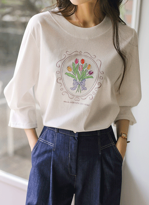 チューリッププリント 袖タックスリーブＴシャツ ts45218