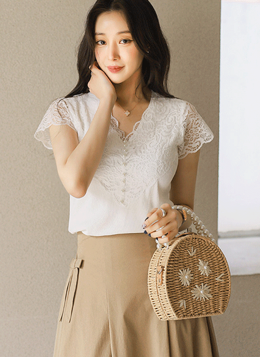 パール付き キャップスリーブ レースニットトップス nt45257