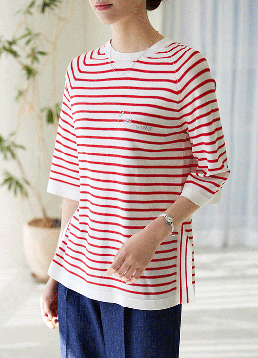 [Louis Angel] ラインストーン付きサイドスリットボーダーニット ts25503