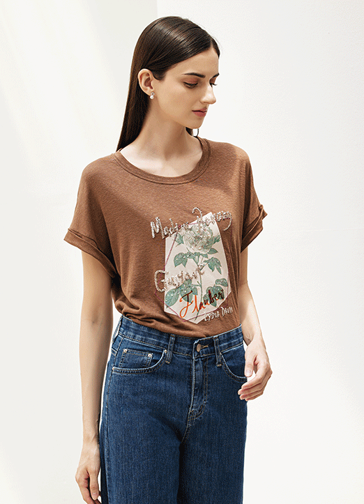 [THE ONME] ローズスパンコールレタリングロールアップTシャツ ts26807