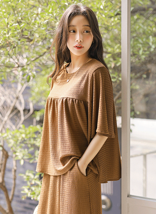 シアサッカーフレアスリーブシャーリングプルオーバー＆ロングスカート SET45269