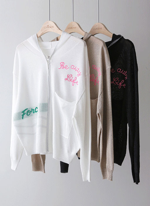 レタリング刺繡 ラメニット ジップアップパーカー cd45275