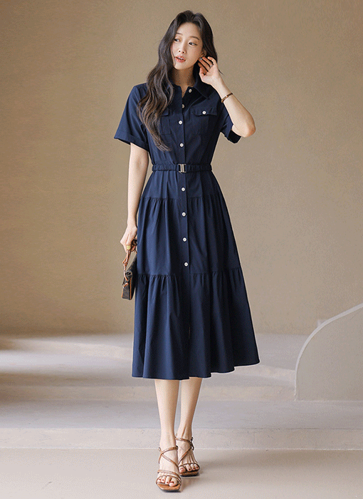 ベルト付きティアードロングシャツワンピース op45287