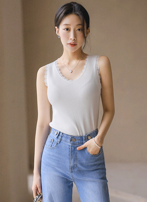 レース付き ノースリブ Vネックリブニットトップス sl45320