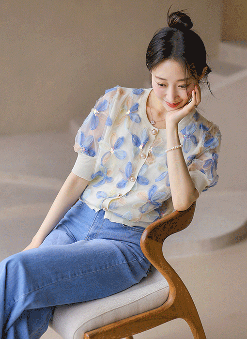 スパンコール付き オーガンジーフラワーニット カーディガン cd45323