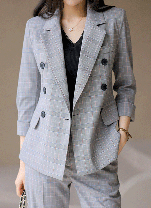 7分袖 ダブルボタン グレンチェックテーラードジャケット jk45326