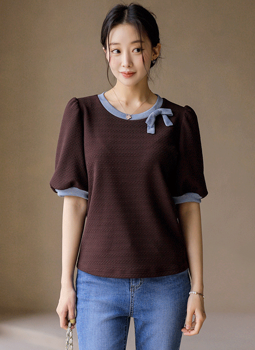 [LouisAngel] バイカラーリボンネック ジャガードプルオーバー bl45353