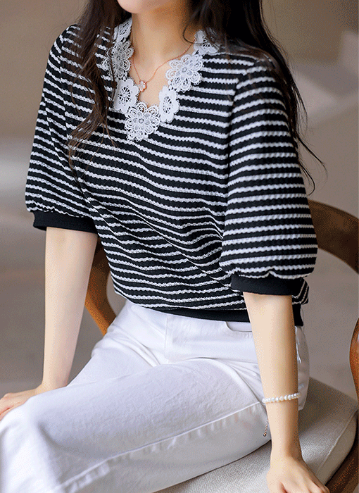 [LouisAngel] フラワーレース付き ジャガードボーダープルオーバー bl45362