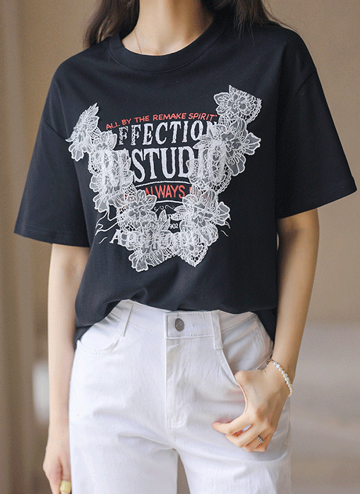 フラワーレース付き レタリングプリントＴシャツ ts45368