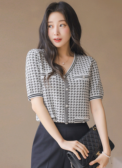 パールボタン 千鳥格子 Vネックニットプルオーバー nt45395