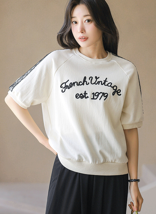 [THE ONME] レタリング刺繡 レースドッキング 半袖スウェット ts45512