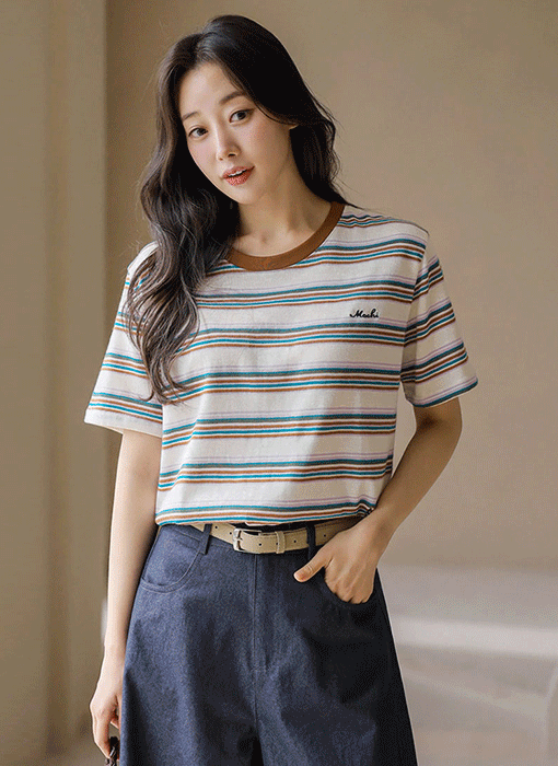 [THE ONME] レタリング刺繡 マルチボーダーTシャツ ts45527