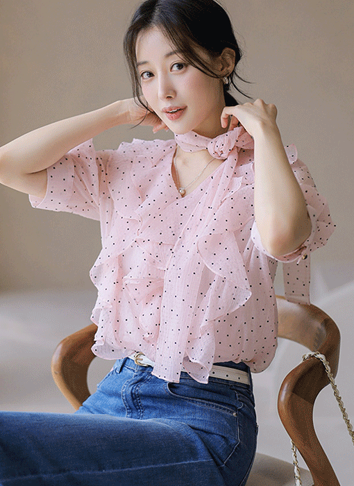[LouisAngel] スカーフ付き 2Way ドットフリルシアーブラウス bl45668