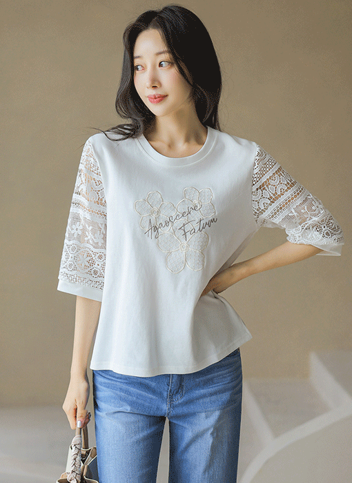 レーススリーブドッキングレースフラワーＴシャツ ts45896