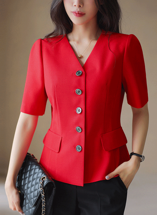 [LouisAngel] ノーカラーＶネック レッドサマージャケット jk45998